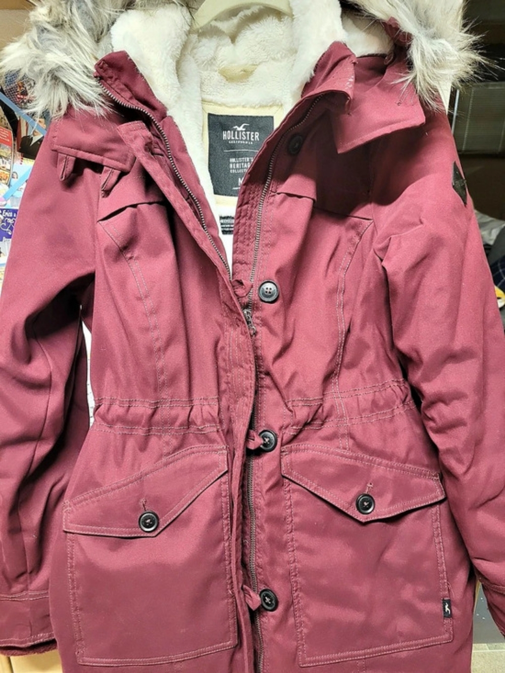Hollister Heritage Collection Faux Fur Lined Parka Burgundy Medium